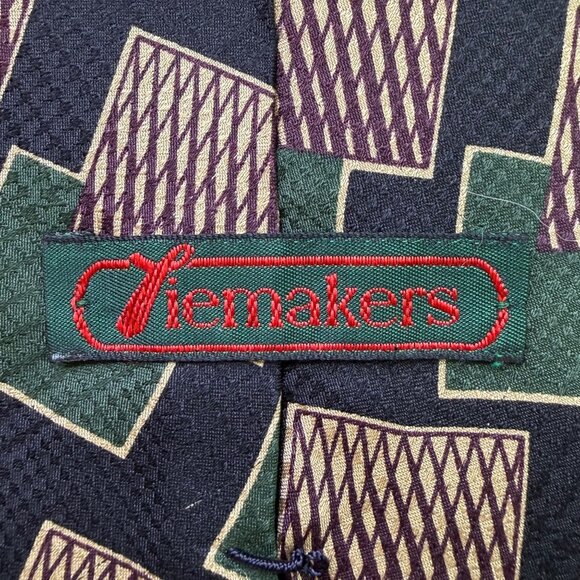 Tiemakers Mens Navy & Green Silk Geometric Pattern Necktie Handcrafted USA - Picture 2 of 8